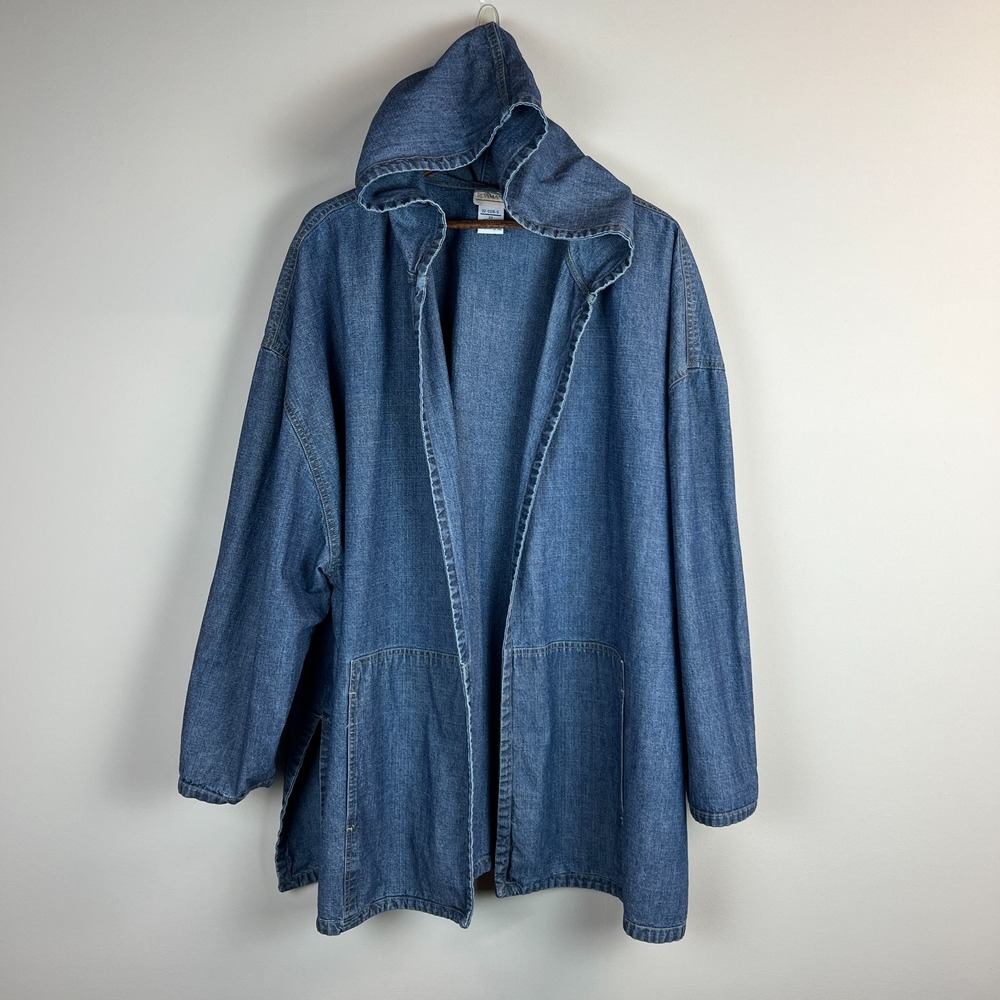 Roamans Denim Jacket Womens 2X Blue Open Front Hooded Relaxed Fit Cotton Slits